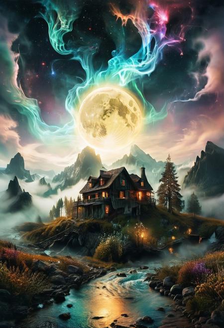 (by Ellen Jewett:1.5), (Bioluminescent Impressionism, The Dreamland), their peaks veiled in mist. mixed media, surrealism, great lighting, A surreal landscape highly detailed . extremely high-resolution details,  appears trapped in an optical illusion of reflections and refractions colorful , mountain cabin, professional photography, natural lighting, volumetric lighting maximalist. intricately detailed, complex, elegant, night, moon, meteor shower, expansive, fantastical, film photography style,  <lora:MJ52:0.3>  <lora:SDXLFaeTastic2400:0.4>  <lora:EpicF4nta5yXL:0.7>.ethereal landscapes, depth of field, biotech emotion:1.3) <lora:xl_more_art-full_v1:0.5> <lora:add-detail-xl:1> <lora:RMSDXL_Creative:2>, GhostlyStyle