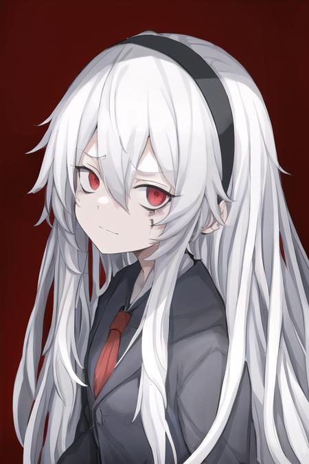 1girl, solo, long white hair, eyebags, blue shirt, black hairband, red eyes, black suit jacket, blood, shadow, tired, hisha kan moko style, white background, focus on face, delicate shadows, highly detailed <lora:HISHA_KAN_MOKO_V1-08:1>, (looking at viewer:1.3)