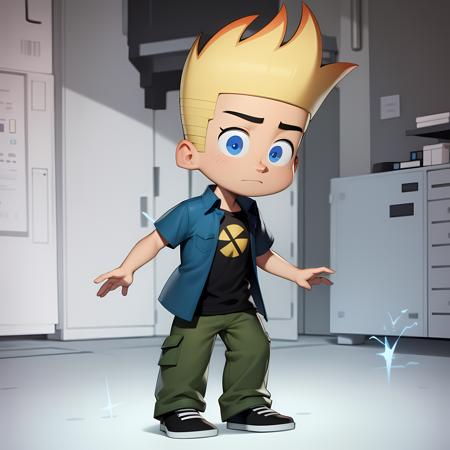 ((masterpiece, best quality)),(complex lighting), solo, full body, 1boy, johnny test, <lora:JohnnyTest1-10:0.8>,blue eyes, open jacket, short sleeves ,standing, naughty face, radiation symbol,