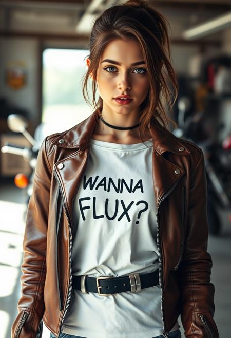 skinny girl, wearing a brown leather motorcycle jacket, white inner shirt with text printed "Wanna FLUX?", hd, motorcycle garage, raw photo, 8k, high resolution, photorealistic, cinematic