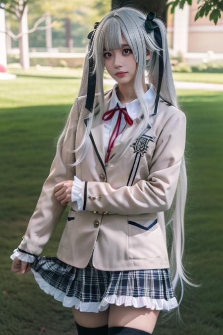 kagarino kirie school uniform, blazer, collared shirt, long sleeves, plaid pleated skirt, frilled skirt, thighhighs, school emblem, neck ribbon, 