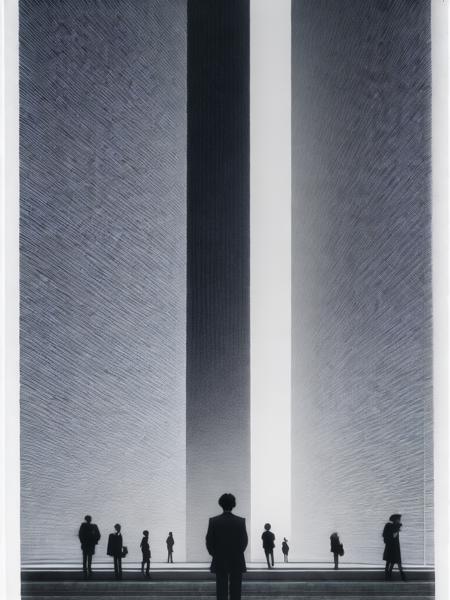 <lora:RyojiIkeda:1>a black and white photo of a person standing in front of a tall building by Ryoji Ikeda