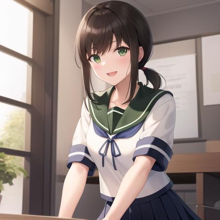 (masterpiece, best quality:1.2),illustration,8k,hd,1girl,solo,upper body,(portrait:1.2),black_hair,short_ponytail,white serafuku,sidelocks,low_ponytail,green_eyes,smile,black_eyes,school_uniform,pleated_skirt,skirt,<lora:Fubuki(kan)>,