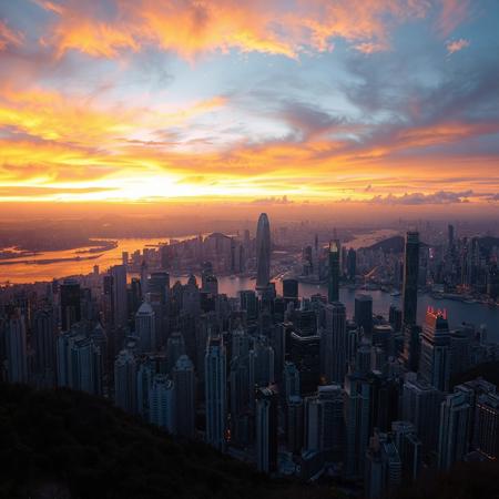 Breathtaking Hong Kong skyline at sunset captured from Victoria Peak as golden light bathes the dense forest of skyscrapers, harbor waters reflect the city lights, and the dramatic sky transitions from vibrant oranges to deep blues while day surrenders to the emerging glow of the metropolis below.
