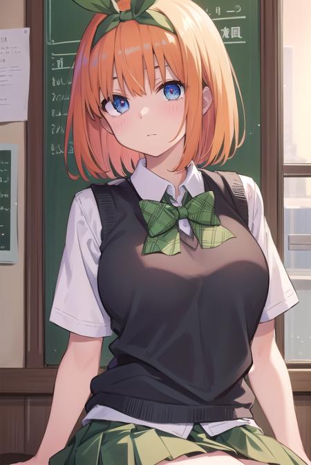 yotsubanakano, <lora:yotsubanakanotest:1>, yotsuba nakano, bangs, short hair, blue eyes, hair between eyes, hair ribbon, hairband, orange hair, green ribbon, BREAK skirt, shirt, bow, ribbon, school uniform, white shirt, short sleeves, pleated skirt, shoes, socks, collared shirt, miniskirt, bowtie, black footwear, kneehighs, green skirt, black socks, loafers, green bow, sweater vest, yellow sweater vest, green ribbon,, BREAK indoors, classroom, BREAK looking at viewer, BREAK <lora:GoodHands-vanilla:1>, (masterpiece:1.2), best quality, high resolution, unity 8k wallpaper, (illustration:0.8), (beautiful detailed eyes:1.6), extremely detailed face, perfect lighting, extremely detailed CG, (perfect hands, perfect anatomy),