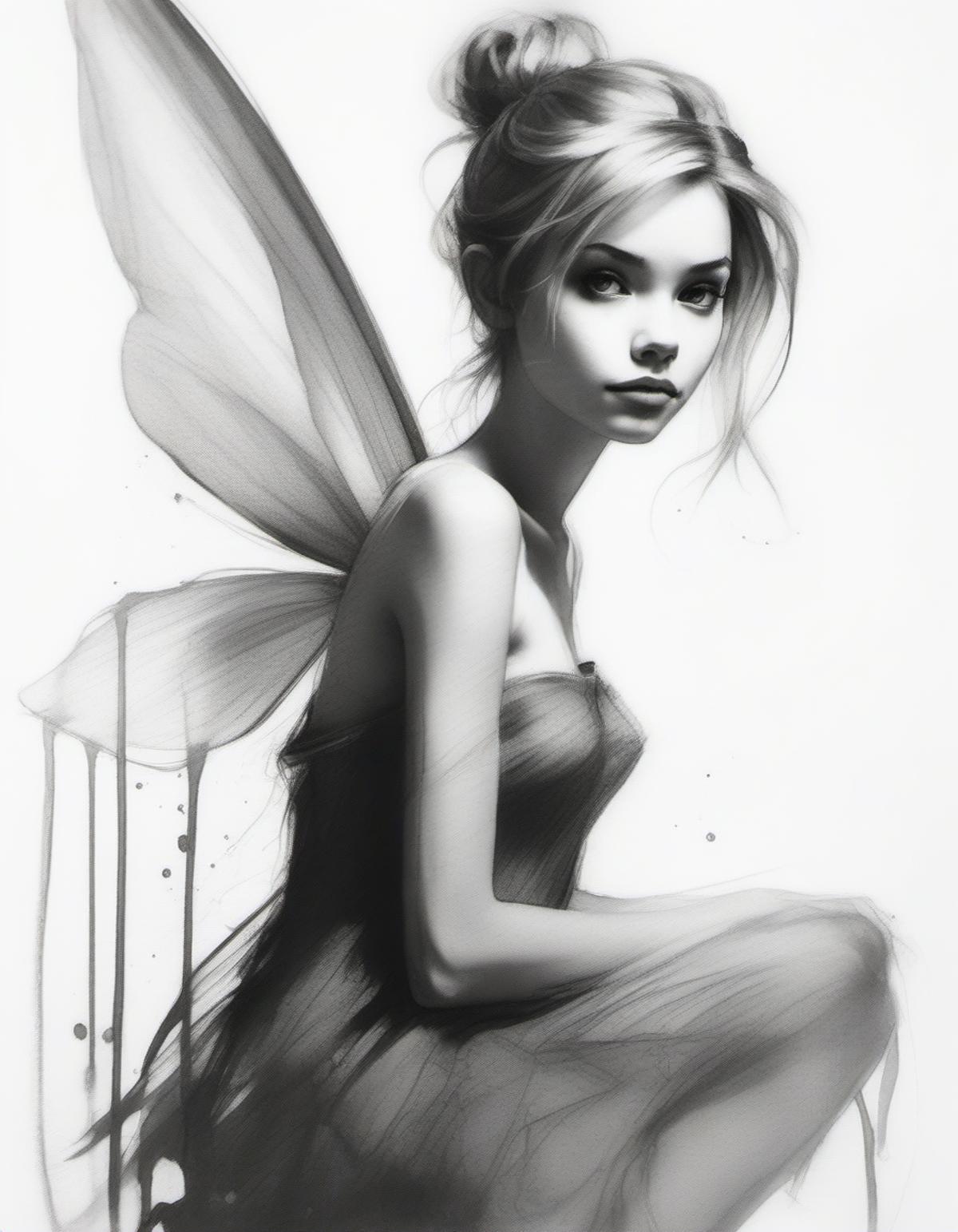 A beautifully drawn fairy with a long dress and wings, looking into the distance.