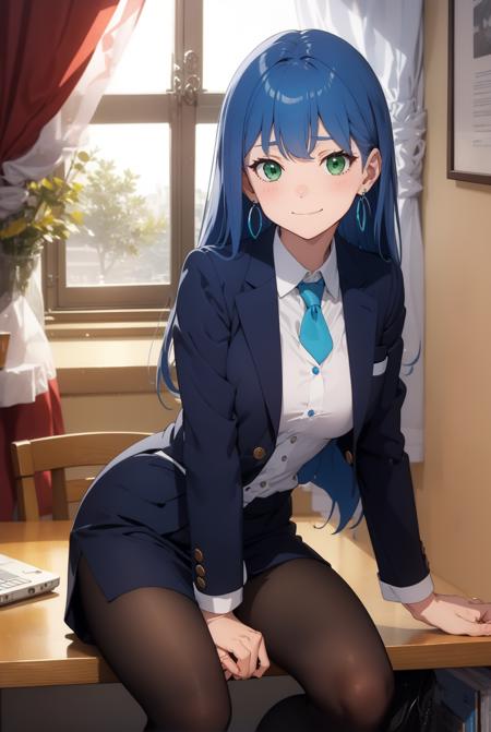 isabellaNorn,sitting on top of desk,suit,skirt,1girl,solo,(blue_hair),closed_mouth,long_hair,green_eyes,blush,smile,happy,jewelry, closed_mouth,earring,accessory,masterpiece,highly_detailed,medium_breasts,<lora:isabellaNornV4_augmented:.7:lbw=OUTD>,<lora:GoodHands-vanilla:1>,indoors,pantyhose,blazer, tie,thighhighs, pantyhose