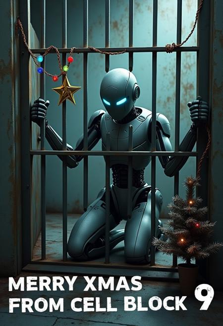 A futuristic robot android with a sleek metallic body and glowing blue eyes, kneeling inside a dimly lit jail cell. Its arms are extended through the iron bars of the cell door, gripping the bars tightly as if yearning for freedom. The cell is poorly decorated for Christmas, with a scraggly, half-dead Christmas tree in the corner, missing branches and draped in cheap, tangled tinsel. A single strand of flickering multicolored lights hangs haphazardly from the bars, with a broken plastic star barely hanging on. The atmosphere is bleak and grimy, with rust-stained walls and a cold, metallic vibe. Below the image, the bold text reads "MERRY XMAS FROM CELL BLOCK 9" in a distressed, stencil-style font, as if painted on the wall beneath the cell.