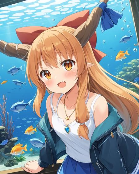 ibuki suika,1girl, fish, open_mouth, solo, looking_at_viewer, contemporary, necklace, alternate_costume, :d, blush, hair_bow, aquarium, against_glass, white_shirt, casual, long_sleeves, open_clothes, collarbone, horn_ornament, teeth, blue_skirt, jacket, upper_body, air_bubble
<lora:ibuki_suika_image9170_2023-12-11-000006:1>,star-shaped_pupils,symbol-shaped_pupils,. gorgeous,key visual, vibrant, studio anime,award-winning, professional, highly detailed,high budget, cinemascope