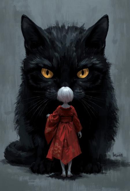 breathtaking breathtaking a digital painting in a fantasy and surreal style. The focal point is a large black cat sitting with striking yellow eyes that dominate the composition. The cat's fur is rendered with textured brushstrokes, giving it a sense of depth and realism. The cat's face is close to the ground, with its ears slightly tilted, creating a sense of curiosity and attention.
Standing in front of the cat is a small silhouette of a girl seen from behind with a pale, almost ghostly appearance. The figure has short, white hair and is dressed in a bright red kimono decorated with intricate gold patterns. The kimono flows gracefully to the ground, adding a sense of movement and elegance to the scene. The girl reaches out to the large cat.
The background is minimalistic, with a gradient of dark to light gray tones, giving a sense of depth without distracting from the main subjects. The overall mood of the image is serene yet slightly eerie, with the large cat towering over the smaller figure, the large cat staring sternly and menacingly at the smaller figure creating a dynamic and somewhat intimidating relationship between the two.
The textures in the painting are rich and detailed, with emphasis on the soft fur of the cat and the smooth, flowing fabric of the dress. The overall colour palette is dominated by cool tones, with the exception of the bright red dress.
