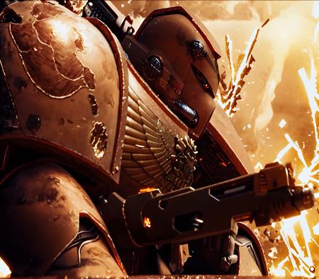 science fiction, no humans, weapon, solo, robot, signature, mecha, gun, sparks, realistic, artist name, embers, firing, from side, upper body, holding weapon, power armor, holding gun, holding, helmet, close-up, blurry, glowing, fire, damaged, broken glass, looking ahead<lora:Warhammer 40K-000015:1>Warhammer 40K