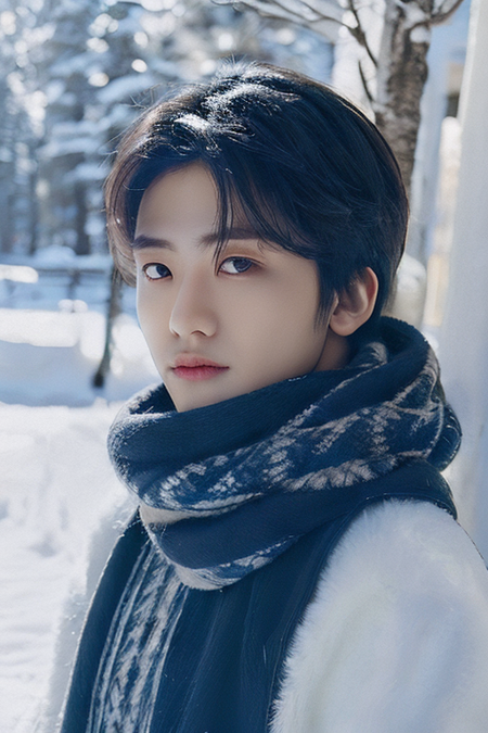 1boy,(close-up:1.4),(winter ,snowy:1.2),(RAW photo:1.2), (photorealistic:1.4),(masterpiece:1.3),(best quality,1boy:1.4), dreamlike, (detailed eyes),(detailed facial features), (detailed clothes features) solo, cute,closed mouth, black hair, black eyes, crystal pendant, Long blue scarf,White long wool coat,(detailed face), grunge,(high detailed skin:1.2),soft lighting, high quality,