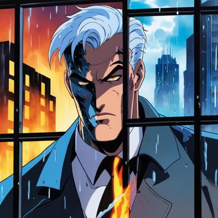 anime artwork of  <lora:Two-Face:1.2>
Two-Face a closeup on man with a burned one side of face in rain and thunder in background window in Gotham city universe, anime style, key visual, vibrant, studio anime,  highly detailed