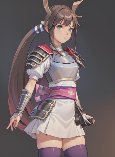 best quality, (masterpiece),(ultra-detailed), (high quality), (high resolution), <lora:heroine:0.7>,heroine, 1girl, solo, long hair,  bangs, blue eyes, skirt, simple background, brown hair, thighhighs, white background, very long hair,  ponytail, sidelocks, boots, armor, zettai ryouiki, sash,  knee boots, purple thighhighs,blue eyes,