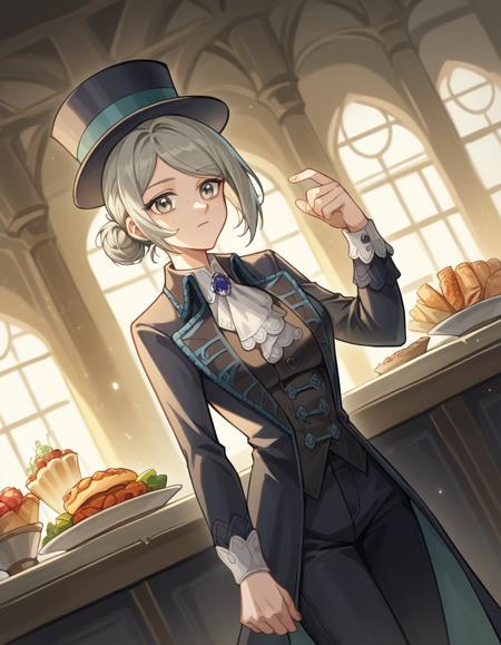 vertin, freckles, grey eyes, grey hair, hair bun, short hair, medium breasts, hat, suit, top hat, long sleeves, pants, black pants, ascot, gemstone,