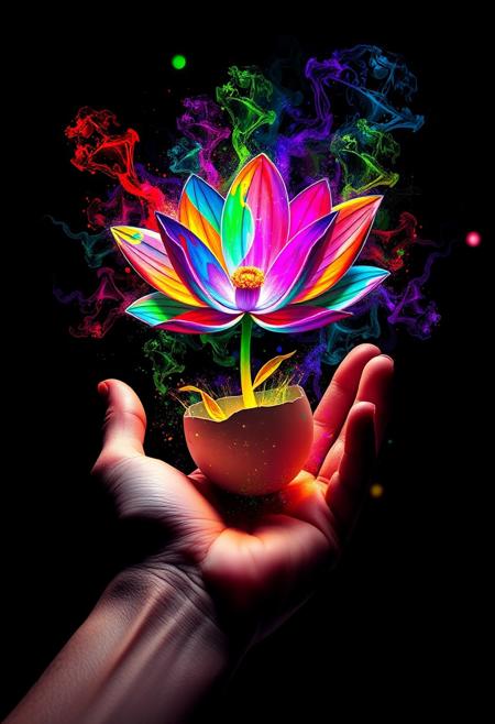 "Create a photorealistic image of the shape of a flower with multicolored petals, outlined with a vibrant, multicolored line, in an acrylic paint that swirls with a kaleidoscope of colors. The flower is sprouting from a cracked egg in the palm of a giant hand. The surrounding environment is pitch black, with only the colorful flower and hand visible. The colors seem to be building up to a catastrophic release, as if the very presence of the flower is triggering a chain reaction of light and energy. The atmosphere is one of intense, impending destruction." Octane render, Highest-Quality, 8 k, intricate details, visually stunning, Masterpiece