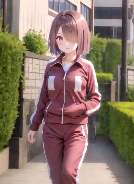 masterpiece, best quality, high quality, 1girl, solo,  <lora:hoshino_miyako-v2:1>, hoshino_miyako, 1girl, solo, red eyes, short hair, red hair, hair over one eye, track pants, white shirt, t-shirt, track jacket, outdoors, day