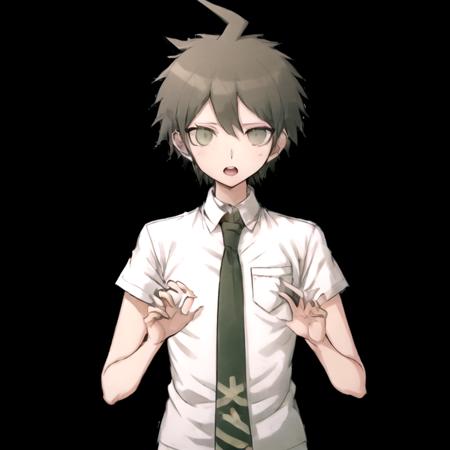 (danganronpaHajimeHinata:1.3), (solo:1.3), 20 years old, 1boy, looking at viewer, disbelief, short hair, open mouth, bangs, simple background, brown hair, shirt, white shirt, upper body, ahoge, short sleeves, male focus, necktie, teeth, shiny, collared shirt, shiny hair, hands up, upper teeth only, black background, pocket, breast pocket, green necktie <lora:danganronpaHajimeHinata:0.7>