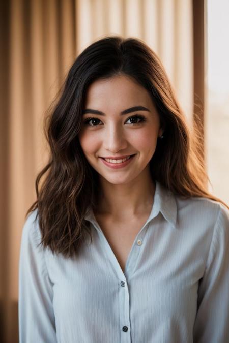 <lora:ATKKatja:0.8>, full color portrait of a woman, wearing a blouse, shy smile, natural light, RAW photo, subject, 8k uhd, dslr, soft lighting, high quality, film grain, Fujifilm XT3