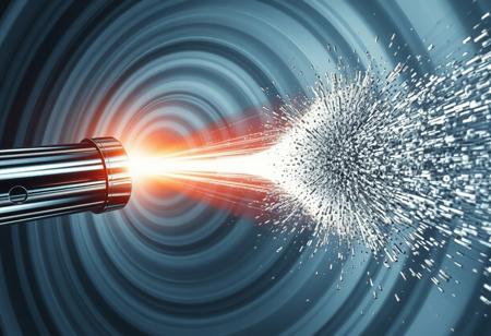 A chrome and silver beam hitting a supervillain 100 metres away. The beam is about 1 metre thick and surrounded by multiple concentric grey and white circles of varying diameter   And the impact has an explosion of grey scale and metallic particles. Each particle is concentric. They are 5 to 300 mm in diameter