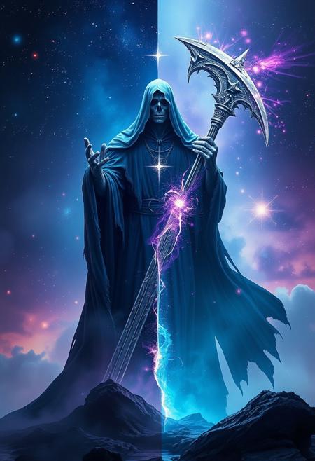 A digitally created image with a distinct split, depicting Reaper reaping the universe.  One section contrasts with the other in a mystic, enchanting environment, using gentle color contrasts and a dreamlike atmosphere.