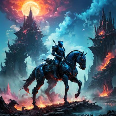 A masterful, colossal artwork crafted by the prolific artist Ideogram. The scene is a breathtaking blend of mind-bending creatures, alien landscapes, and a vibrant neon color palette. The foreground features a futuristic knight on robotic horseback, wielding a blue flaming sword and surrounded by smoke. The midground reveals a fantastical futuristic cityscape with towering castles and floating islands, while the background showcases a breathtaking sunset with the moon and stars illuminating the sky. The composition is richly detailed, with every element contributing to the overall grandeur and awe-inspiring nature of the piece.