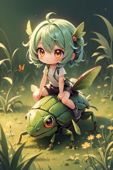 ((best quality)),((masterpiece)),(detailed),(full body:1.1),chibi,highres,ultradetailed,vibrant colors,1girl,<lora:riding_a:0.6>,riding on a grasshopper,grass,<lora:GoodHands-vanilla:1>,