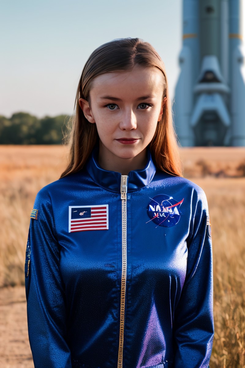 A stunning intricate full color portrait of a woman,wearing nasa outfit, space rocket in the background, having fun, epic ...