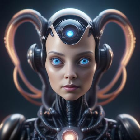 Insanely detailed digital illustration of a beautiful cyborg robot Alien with back tentacles and large eyes, like Princess of Ghouls by Livia Prima, spooky scary, highly detailed 8k, fantastic realism, artstation hq, cinematic, volumetric lighting, vray,  <lora:SDXL Science Fiction :1>  science fiction