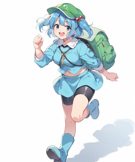 kawashiro nitori, (key), green headwear, two side up, twintails, blue hair, short hair, hair bobbles, aqua eyes, flat cap, long sleeves, backpack, blue shirt, blue skirt, skirt set, blue footwear, rubber boots, pocket, kawashiro nitori, (key), green headwear, two side up, twintails, blue hair, short hair, hair bobbles, aqua eyes, flat cap, tank top, bare shoulders, blue clothes around waist, cargo pants