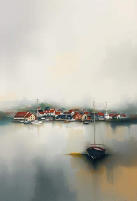 A foggy harbor town enveloped in a moody, Color Field painting, fluid abstraction, gestural washes, stained canvas, soft edges, diluted pigment, pastel tones, earthy hues, vibrant bursts, organic forms, spontaneous composition, emotional resonance, abstract expressionism, meditative color fields