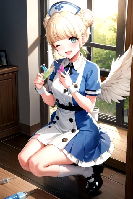 <lora:NoaFukushima-04:0.8>, kawaiimunichan, looking at viewer, smile, open mouth, hat, dress, holding, braid, flower, short sleeves, heart, sidelocks, one eye closed, wings, shoes, socks, indoors, hair bun, white dress, wrist cuffs, window, sparkle, double bun, buttons, feathers, white socks, feathered wings, flying, blue footwear, yellow flower, nurse cap, collared dress, nurse, syringe, braided bun, holding syringe, intravenous drip