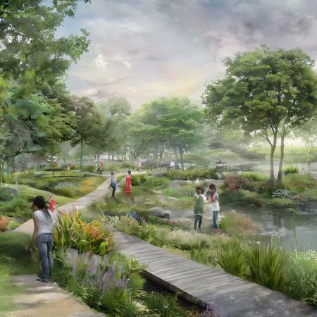 <lora:JJsLandscape_Render_XL:1>,  ((Landscape Render)), masterpiece, best quality, scenery, outdoors, tree,  real world location, grass, bush, walkway ,water, subject, high quality,  soft lighting, road, grass, sky, cloud,  water color, multiple girls, multiple boys,