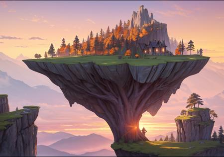 beautiful panorama view. sunset. golden hour. the sun hangs low on the top left of the composition, throwing a beautiful orange lighting to the scene. the clouds above are pink and orange, with a light blue and purple sky behind them.  rule of thirds. the foreground shows a clifftop ledge, slightly to the left, jagged and rocky with some grass peaking out of the barren edge. from this cliff edge we can view a dense forest with a huge tree house sticking out. the middle ground has a dense forest below the cliff. the forest stretches to the horizon. the right edge of the composition is frames by a mountain range, disappearing into the distance with atmospheric depth. the main subject of this composition, in the centre, is a great tree standing out of the forest like a tower. its details are obscured by atmospheric tree, resulting in a distant silhouette. this great tree has housing structures and roofs around it, as if hiding a massive tree village. 
 HD, high quality, masterpiece.. Blank background,  gradient background. ultra-detailed, intricate, photorealistic, masterpiece, award-winning, sharp focus, crisp lines, smooth gradients, no noise, 8K resolution
Artstyle: comicbookpencils , anime realism, art by artgerm, art by stanley lau, digital illustration, manga hair. Strong edge lighting, with cinematic lighting. Core shadow. 3 point lighting, portrait shot.
