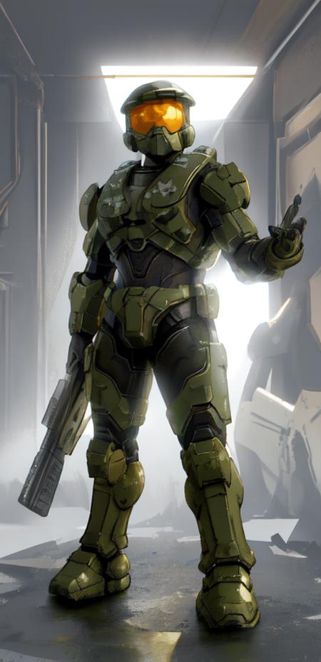 assault rifle, black necktie, power armor, science fiction, spartan (halo), master chief, , weapon, gun, solo, holding, bullpup, holding gun, holding weapon, submachine gun, white background, 1boy, helmet, male focus, robot, armor