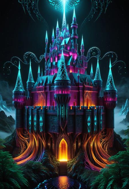 surreal castle, old castle, crazyily big castle, massive fortress, surreal castle, massive walls, medieval castle, transformed by glowing fractal roots, geometric vines wrapping around its structure, futuristic crystal patterns integrated into the metal, bioluminescent details, mystical atmosphere, cinematic lighting, foggy cityscape in the background, ultra-detailed architecture, dreamlike sci-fi fantasy fusion, sharp focus, 8k, fractal-inspired redesign, concept art style, fractangles, made out of fractangles, high quality,