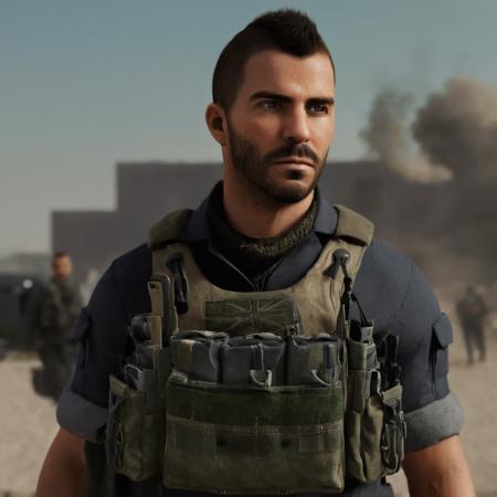 cinematic film still of Johnny Soap MacTavish a man with a military vest and a backpack staring at camera,modern warfare style,solo,black hair,1boy,weapon,male focus,armor,uniform,gun,military,military uniform,facial hair,beard,realistic,manly,explosive,american flag,grenade,soldier modern warfare style
<lora:Modern Warfare style:0.55> <lora:Johnny Soap MacTavish:0.8>, shallow depth of field, vignette, highly detailed, high budget, bokeh, cinemascope, moody, epic, gorgeous, film grain, grainy