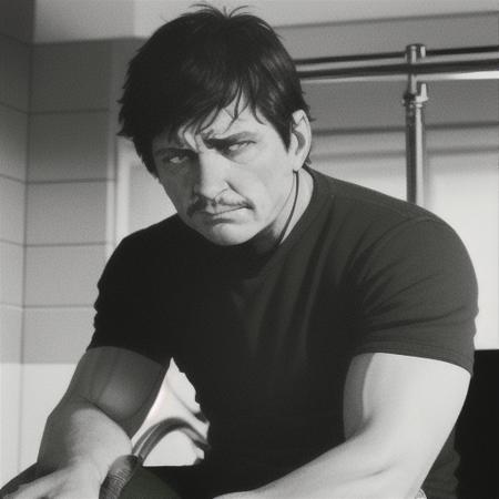 <lora:CharlesBronson-10>A photo of a pensive vigilante pissing! into a Mandom_jar