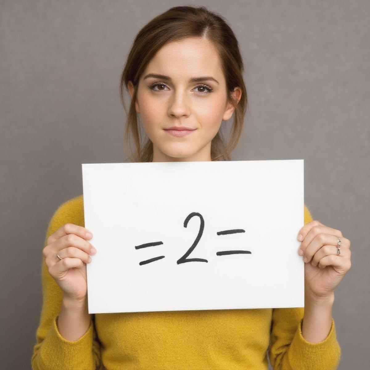 3mm4w, a photo of a woman wearing a yellow sweater holding up a sign with the word "__2_" smiling and looking at the viewer