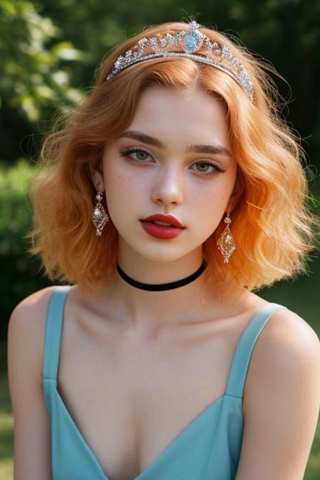 raw photo, (18yo ginger hair girl:1.2), makeup, rouge, (choker:0.7), realistic skin texture, sakura park, softcore, warm lighting, cosy atmosphere, instagram style, outdoor, (spring:1.1), A curvy woman, blonde short hair, jewelry, bare shoulders, earrings, lips, large breasts, bracelet, tiara, eyelashes, lipstick, makeup, mascara, piercing, 
wearing a tiara, yellow hair, curly hair, sexy