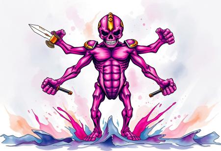 A dynamic Splash Ink Illustration of a pink and purple Fossil Warrior Skull Bone with striking gold accents. The character has a muscular physique, visible abs and chest, and four arms, two dramatically extended. A helmet with a visor obscures the face. The legs are bent, suggesting intense readiness. The figure stands centrally in a Marincess Battle Ocean, rendered with expressive ink splashes and watercolor washes that create an attractive, fluid background. Sharp Lines and Brush Strokes define the form, reminiscent of a Raphael Style interpretation of anatomy and pose within a contemporary aesthetic. Impeccable Composition, Creative Angle, Handcrafted with Precision, High Quality, Stunning Colors, Harmonious Colors, Multi Colored, Balanced Editing, Intentional Focus, Well-timed Moment, Vivid Emotions, Joyful Impact, Powerful Message, Beautiful Detailed Eyes, Artstation Trending on ArtstationHQ.