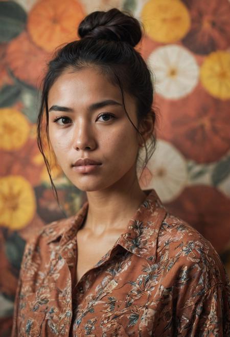 (High detail RAW Photo), a cinematic photograph of one beautiful Malay girl, mexican peon shirt, photo studio, fruit mural background, messy hair buns, (freckles:0.6), mole, small chest, (head tilt:1.2), covered nipplies, cowboy shot, buruma, over 18, BREAK
(masterpiece, extremely detailed skin, photorealistic), sharp focus, film grain, grainy, cinematic, detailed face, detailed skin, warm color, daylights, (upper body:1.1), depth of field, sensual pose, ((slim body)), imperfect skin,  skin pores:1.1, (upper body:1.1), depth of field, sensual pose, porta 160 color, shot on arri alexa 65, bokeh, sharp focus on subject, shot by don mccullin