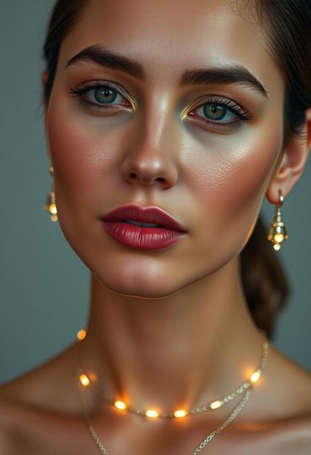 subtle LED-infused jewelry, natural glow, soft lighting, (warm LED accents:1.3) around the neck and earrings, elegant facial lighting, (embedded LED glow:1.5), minimalist beauty tech, (natural skin tone:1.4), soft makeup look, flawless complexion, warm, glowing skin, high-definition, jewelry infused with soft light, (understated elegance:1.4), (glowing LED accents:1.2) highlighting facial features, ultra-realistic textures, seamless integration of technology, smooth skin, natural glow highlighting cheekbones and jawline, soft, warm lighting around the face, gentle under-skin LED accents, (radiant but natural:1.5), tech-infused beauty, subtle glowing effects from jewelry, delicate light reflections, refined elegance, modern beauty with advanced tech, high-resolution, radiant skin