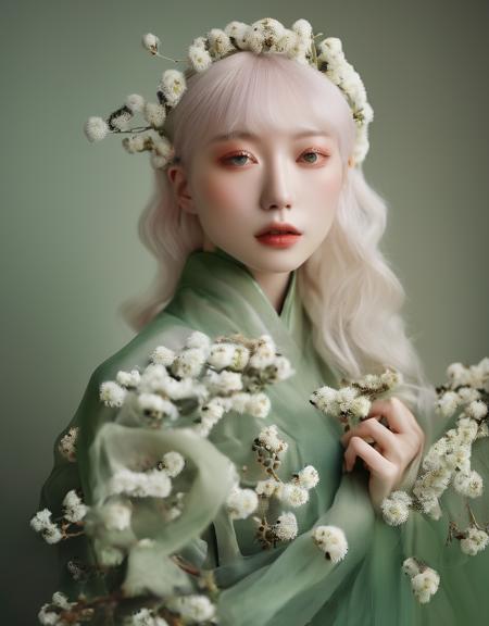 a commercial photo portrait of instagram model, the Ethereal Portraits, fashionable 2020's Japanese girl, detailed skin texture, 16yo girl, hyper real photo, , Albinism and Heterochromia by Bella Kotak, girly portrait in studio shoots, Albina Albina, Feminine portrait, bust-up shot, intricate fantasy dress,
taken by professional studio lighting, 150mm lens, PhaseOne, digital backs, medium format,
, 150mm portrait, photography, photo taken with a Hasselblad H4D, taken with PhaseOne IQ180, IQ160, IQ140, P65+, P45+, "digital back", extremely detailed, Leaf Aptus, perfect skin, detailed skin, hyper reality, perfect face,
(olive drab:1.6) hair, (olive drab:1.6) background, dress head completely covered with (olive drab:1.6) flowers, (olive drab:1.6) color filter,