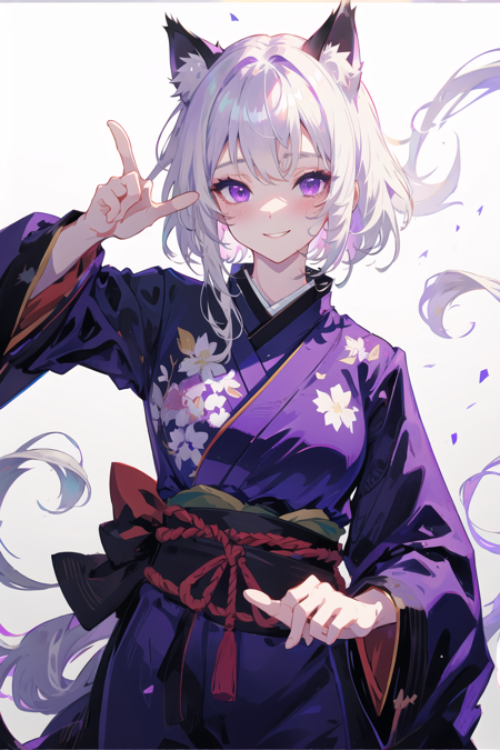 cat ears, short hair, silver hair, white hair, purple eyes, masterpiece, pov, medium breast, absurdres, messy hair, cute smile, winking, blushing, nice hands, black turtleneck, black hair simple background, Japanese clothes, kimono, pov, pointing at self, pointing at her breasts,