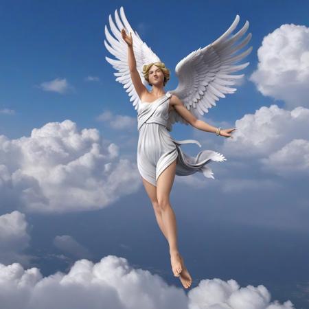 whitemold,3d printed mold,art style,greyscale,monochrome, masterpiece,(best quality), official art,extremely detailed cg 8k wallpaper, ((crystalstexture skin)),(extremely delicate and beautiful),highly detailed, WhiteMold, art style, 3d printed mold, a woman made of 3d printed mold, blonde hair, white wings, barefoot, solo, angel, jewelry, white dress, anklet, angel, wings, short hair, full body, bare shoulders, looking at viewer, clouds background, feathered wings, toes, blue eyes, feet, bracelet, braid, smile, gem,sleeveless, armlet, crown, closed mouth, realistic, photorealistic, lips, pants, flying, bracer, floating, toe ring, necklace, clouds