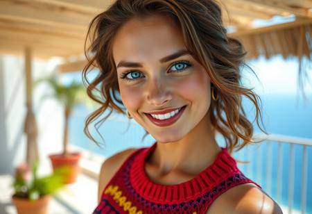 Breathtaking,real,lifelike,(RAW analog,8k,uhd,hdr),((Medium full shot)),((head to thighs)),(dynamic), Most beautiful 22yo young Brazilian Woman,smile,(beautiful higly detailed face),(Fitted short ((colorful knitted)) dress),(high detailed blue coloured eyes),(brown wavy hair),(high detailed skin),(skin pores),((terrace with ocean views backdrop)),(imperfect skin),(real skin texture),(Full Color Positive Film),(extremely intricate:1.3),(professional photography),(realistic shadows),bokeh,high quality,Hyper-realistic,35mm kodak,(focus)