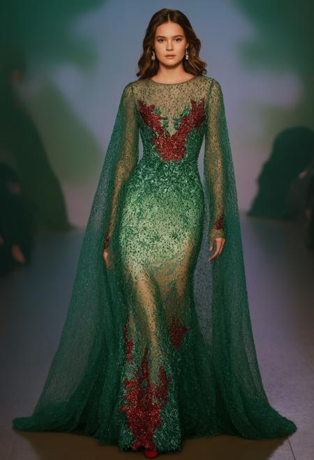 Pointillism style 1girl, woman,a model walks the runway in a long - sleeved gown with a floral pattern,gown,background,<lora:Haute Couture (AM):1>,haute couture, realistic, photorealistic,<lora:LetThereBeLight:0.2>,Beeple,red and green lighting,, elegant victorian vampire . Composed entirely of small, distinct dots of color, vibrant, highly detailed