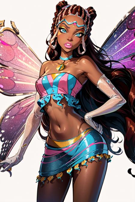 Aisha/Layla fairy wings, midriff, blue eyes, brown hair, sparkling outfit dark-skinned female very long hair