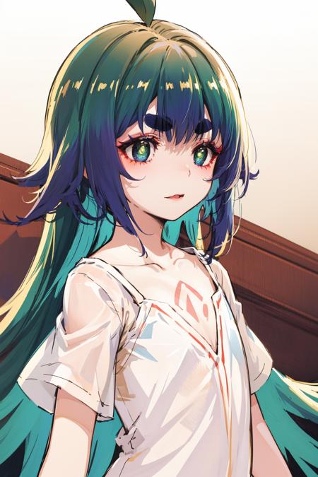 1girl,
Mitama, ahoge, thick eyebrows, short eyebrows, (very long hair:1.3), blue hair AND green hair, bangs, green eyes, flat chest, collarbone, Red MAKEUP,<lora:Mitama_v2.2:1>,
upper body,